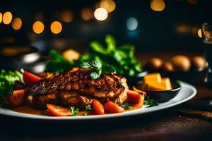 uma prato do Comida com carne e legumes. gerado por IA foto