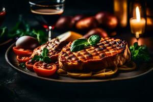 grelhado bife com legumes e vinho em uma Sombrio fundo. gerado por IA foto