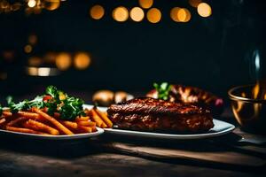 uma prato do Comida com carne e cenouras em uma mesa. gerado por IA foto