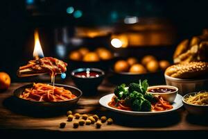 uma mesa com Comida e uma vela. gerado por IA foto