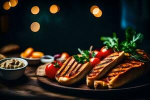 grelhado sanduíches em uma de madeira prato com tomate e salsinha. gerado por IA foto