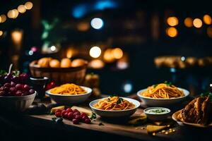 uma mesa com taças do Comida e velas. gerado por IA foto