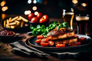 grelhado peixe com tomates e fritas em uma placa. gerado por IA foto