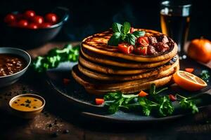 panquecas com tomate molho e legumes em uma placa. gerado por IA foto