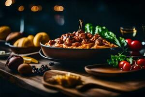 uma tigela do Comida com carne e legumes em uma mesa. gerado por IA foto