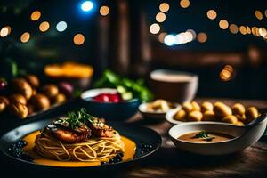 uma mesa com Comida e taças do Comida. gerado por IA foto