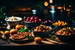 uma mesa com taças do Comida e de outros Unid. gerado por IA foto