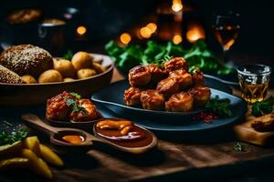 Comida em uma mesa com velas e de outros Unid. gerado por IA foto