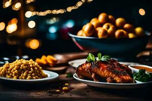 uma prato do Comida com uma peça do salmão e uma tigela do arroz. gerado por IA foto