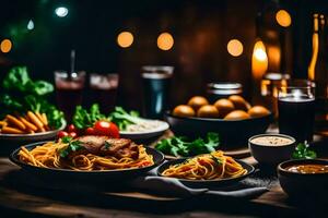 uma mesa com pratos do Comida e bebidas. gerado por IA foto