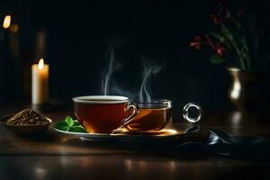 a chá copo e pires estão em uma de madeira mesa com uma vela e uma vaso de. gerado por IA foto