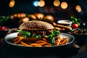 uma hamburguer e fritas em uma prato com uma garrafa do ketchup. gerado por IA foto