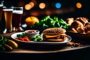 uma prato com uma hambúrguer, fritas e cerveja. gerado por IA foto