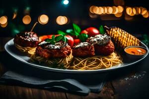 grelhado almôndegas em uma prato com espaguete. gerado por IA foto