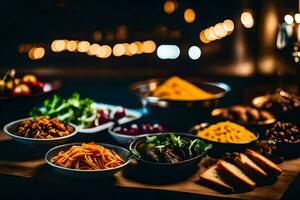 uma mesa com taças do Comida e de outros pratos. gerado por IA foto