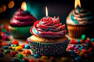 aniversário velas em bolos de copo. gerado por IA foto