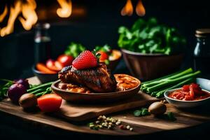 uma prato do Comida com morangos e tomates em uma de madeira mesa. gerado por IA foto