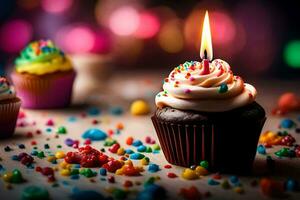 aniversário velas e bolos de copo em uma mesa. gerado por IA foto