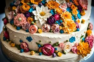 uma Casamento bolo com colorida flores em topo. gerado por IA foto