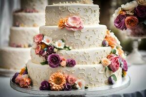 uma Casamento bolo com colorida flores em topo. gerado por IA foto