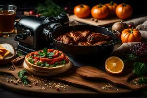 uma prato com Comida e bebidas em uma mesa. gerado por IA foto