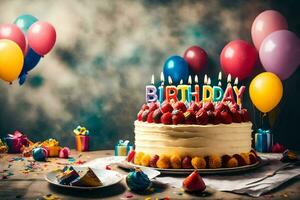 aniversário bolo com velas e colorida balões. gerado por IA foto