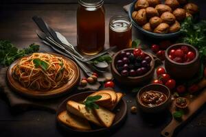 uma seleção do italiano Comida em uma de madeira mesa. gerado por IA foto