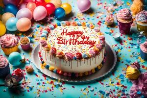 feliz aniversário bolo com confete e balões. gerado por IA foto