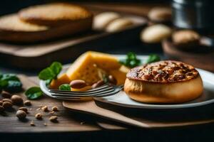 uma prato com queijo, nozes e pão em isto. gerado por IA foto