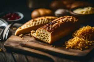 pão com queijo e cranberries em uma de madeira corte borda. gerado por IA foto