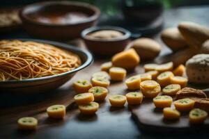 uma tigela do espaguete e pão em uma mesa. gerado por IA foto