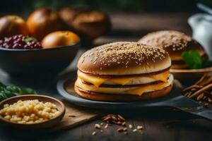 dois cheeseburgers em uma prato com de outros ingredientes. gerado por IA foto