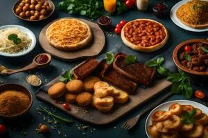 uma variedade do Comida em uma mesa com pão, carne e legumes. gerado por IA foto