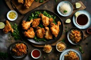 frango asas em uma de madeira mesa com molho e de outros pratos. gerado por IA foto