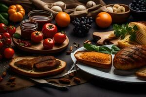 alimentos em uma mesa com pão, legumes e de outros ingredientes. gerado por IA foto