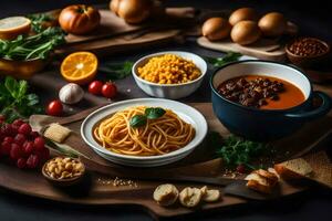 espaguete, tomates, pão, e de outros ingredientes em uma mesa. gerado por IA foto