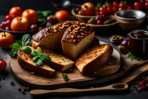 pão com queijo e tomates em uma corte borda. gerado por IA foto