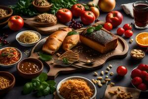 vários alimentos em uma mesa. gerado por IA foto