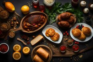 vários alimentos em uma mesa. gerado por IA foto