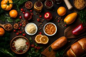 vários alimentos estão arranjado em uma mesa. gerado por IA foto