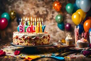 aniversário bolo com velas e balões. gerado por IA foto