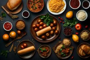 vários alimentos estão arranjado em uma mesa. gerado por IA foto