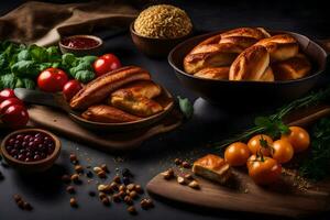 a Comida é arranjado em uma mesa com pão, legumes e de outros ingredientes. gerado por IA foto