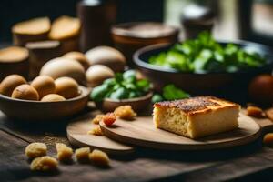 alimentos em uma de madeira mesa. gerado por IA foto