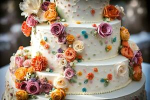 uma três em camadas bolo com colorida flores em isto. gerado por IA foto