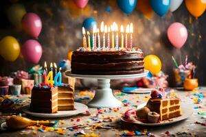 aniversário bolo com velas e confete. gerado por IA foto