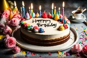 feliz aniversário bolo com velas. gerado por IA foto