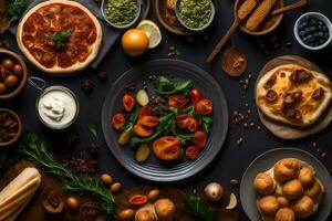 vários tipos do Comida em uma Sombrio mesa. gerado por IA foto