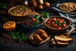 a Comida é arranjado em uma Sombrio mesa com pão, ovos, legumes e de outros ingredientes. gerado por IA foto