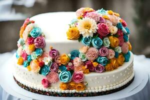 uma bolo com colorida flores em topo do isto. gerado por IA foto